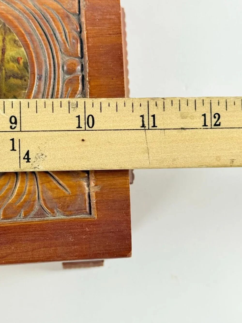 Vintage Cedar Wood Jewelry Box With Carved Floral Design & Landscape Scene Lid